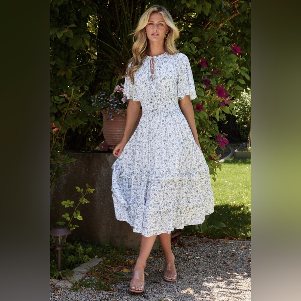 Baltic Born, Spell Boho Midi Dress, Medium, White + Sage Color